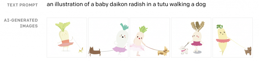 Une illustration de radis blanc en tutu qui promène un chien (selon Dall-E)