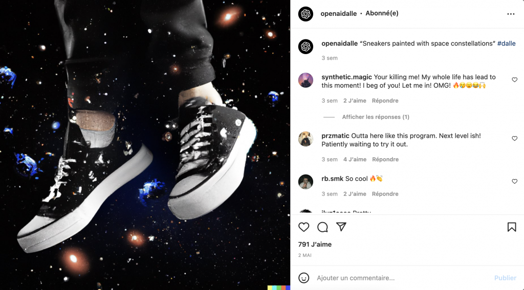 Entrée : Sneakers painted with space constellations (selon DALL-E)