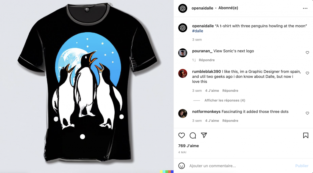 Entrée : A t-shirt with three penguins howling at the moon (selon DALL-E)