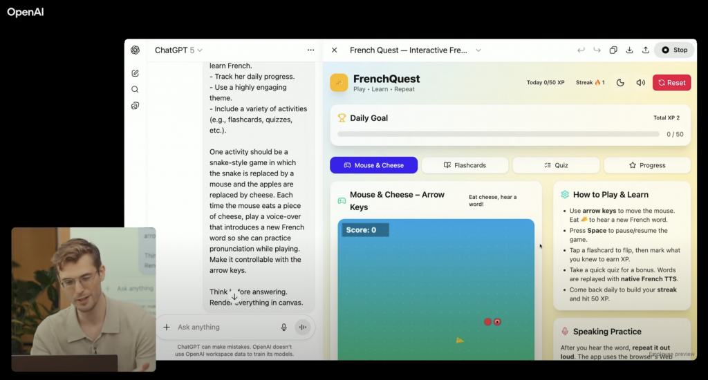 le mode canva de gpt-5 propose des fonctionnalités avancées et la possiblité de prévisualiser des applis et des dashboards