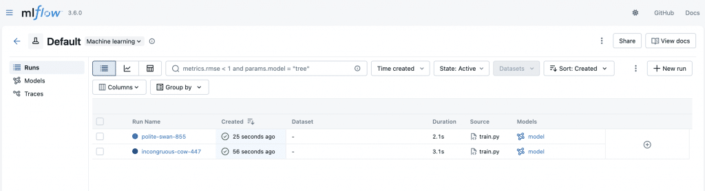 Après chaque entraînement une ligne s'ajoute dans l'expérience par défaut